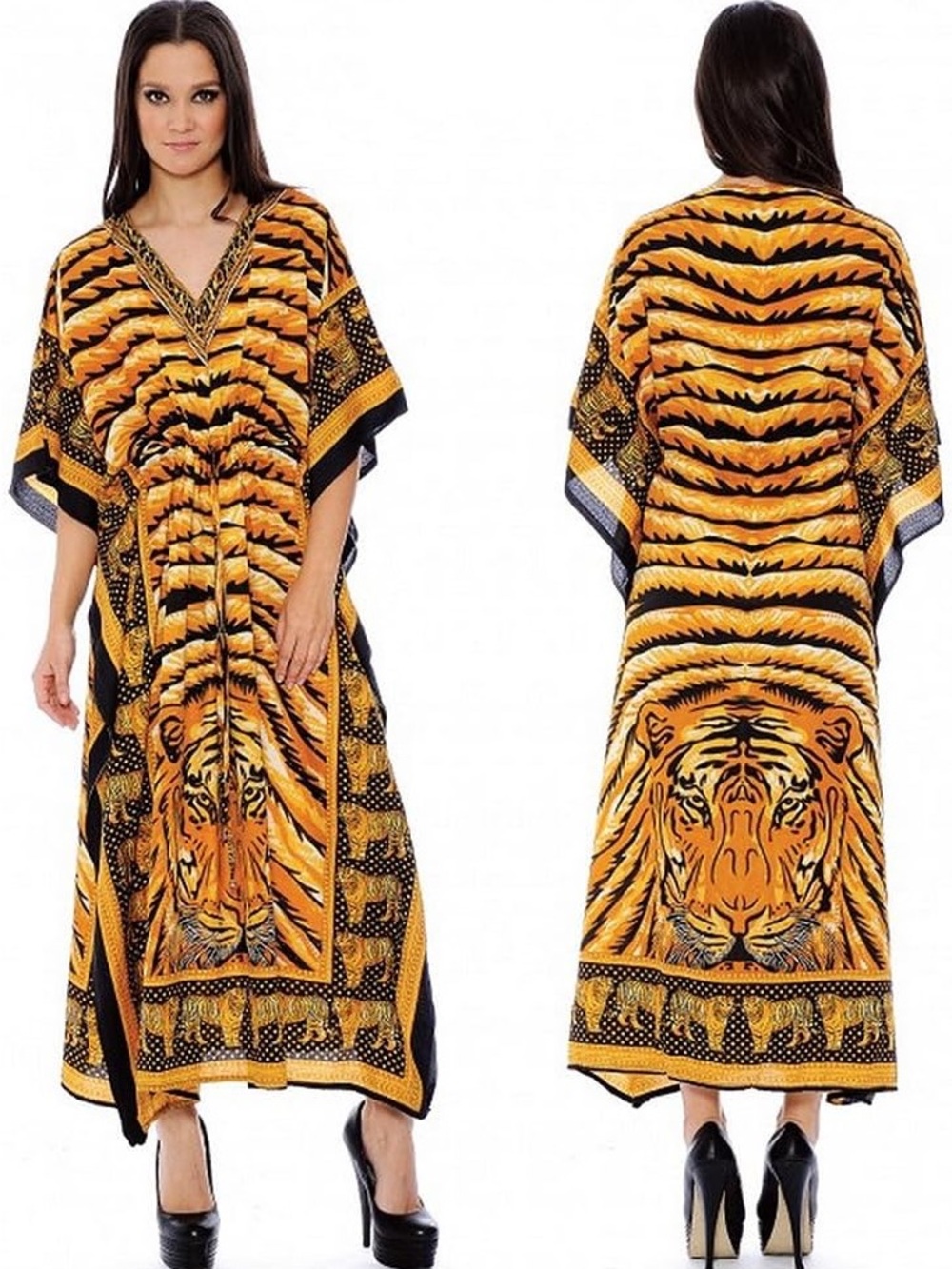 Kings Road Tiger Print Summer Kaftan Dress Kimono Poncho Pull Over Beaded OSFM